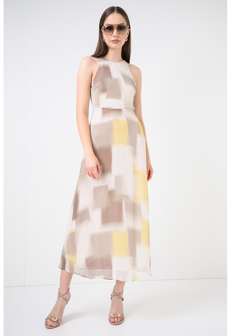 Rochie midi fara maneci cu model - Maro/Galben/Bej