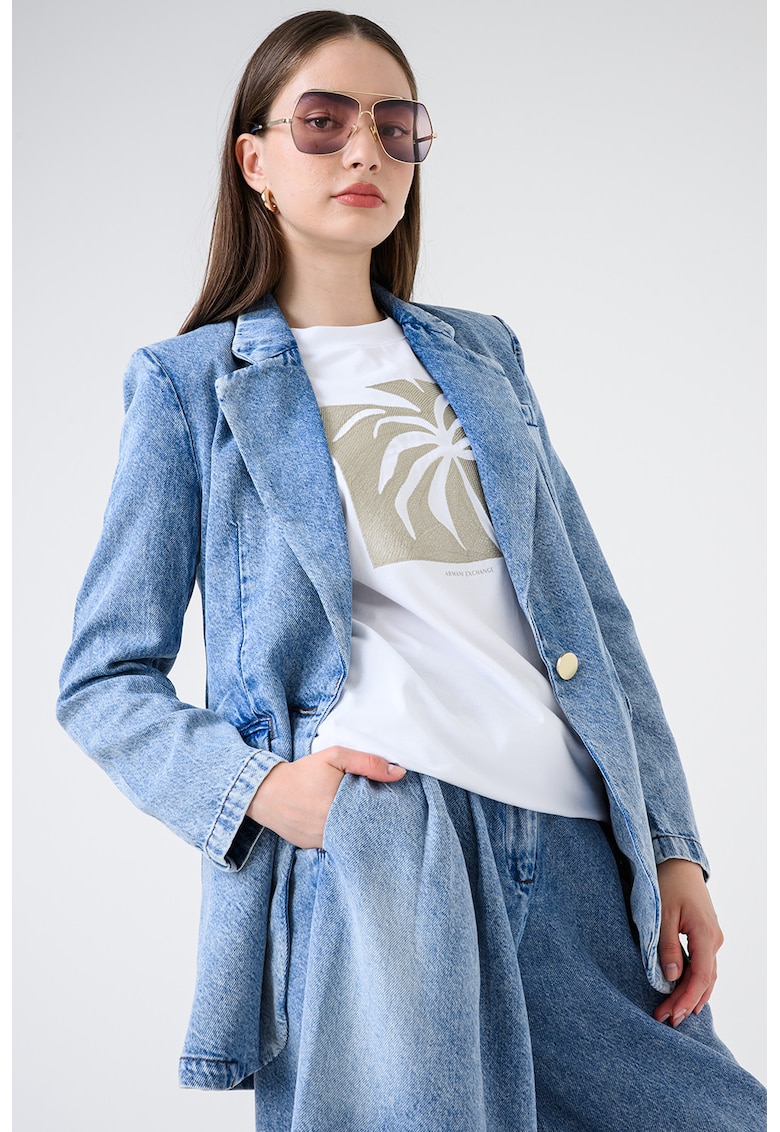 Sacou din amestec de lyocell denim cu revere decupate - Albastru melange