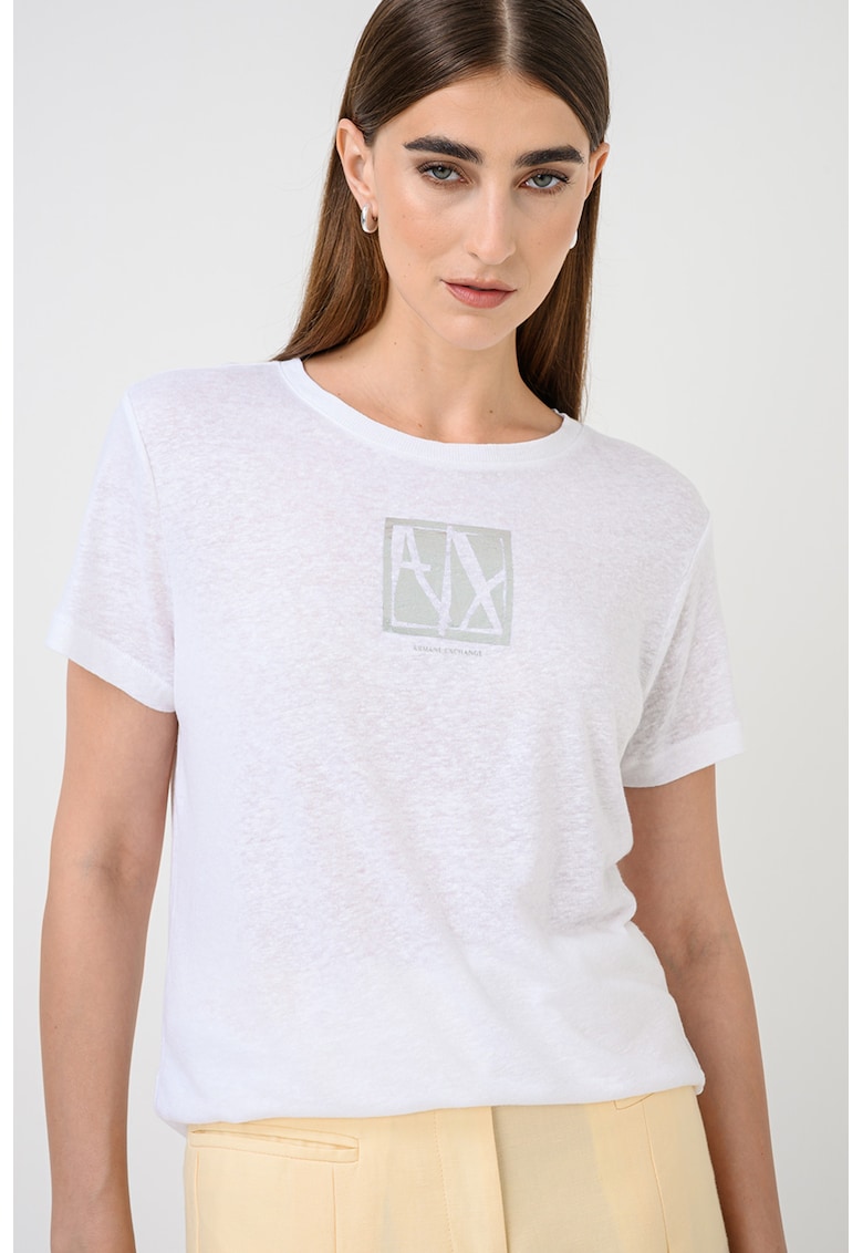 Tricou din amestec de in cu logo - Alb