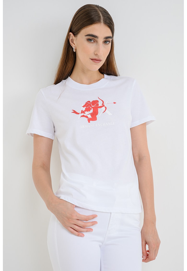 Tricou cu decolteu la baza gatului si imprimeu logo - Alb