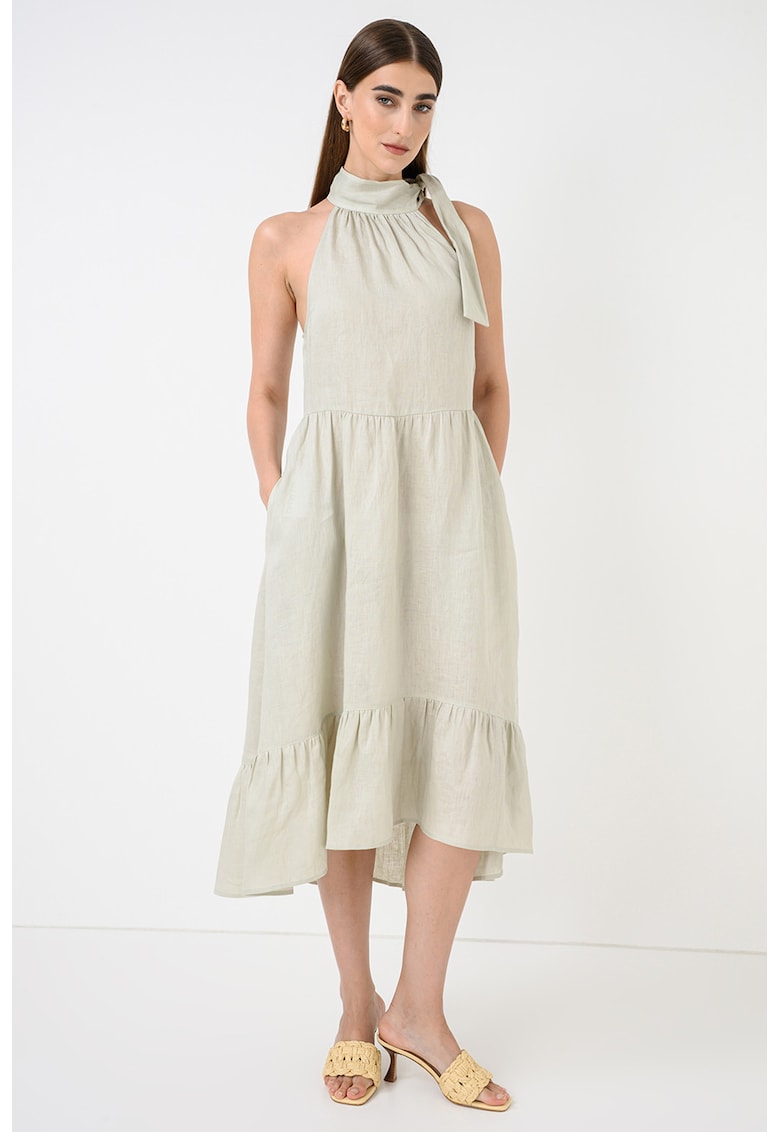Rochie din in cu decolteu halter - Verde pastel