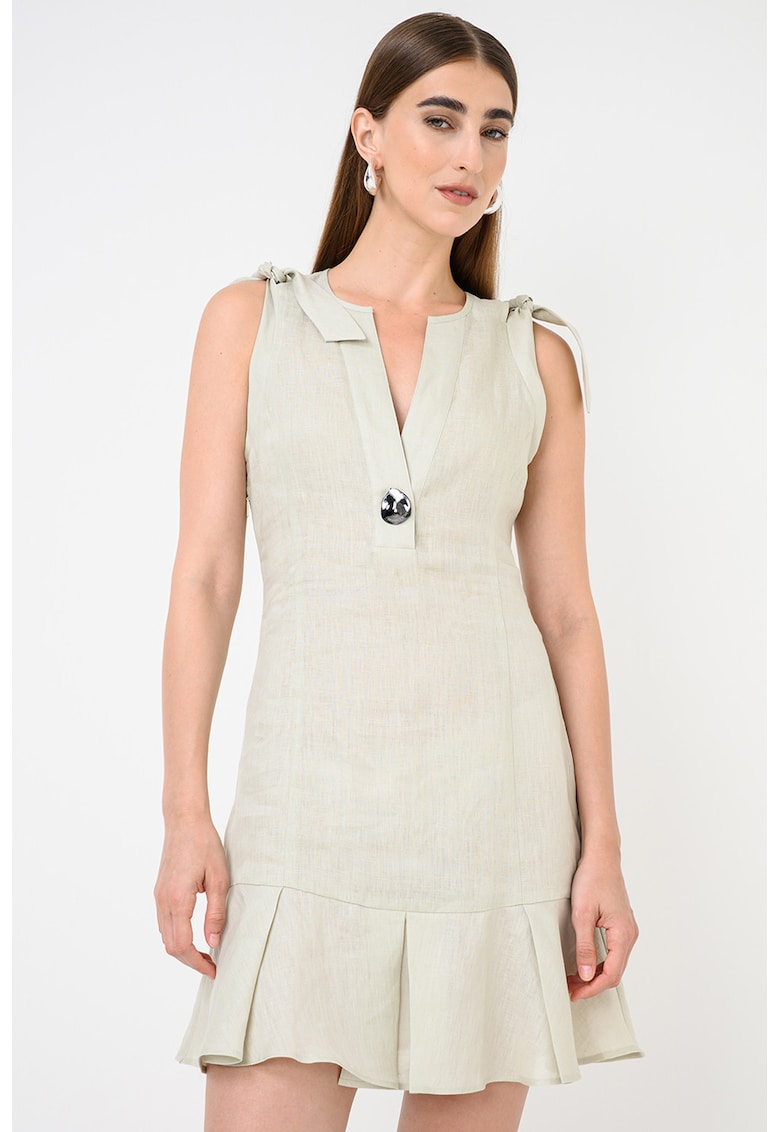 Rochie mini din in cu decolteu in V - Verde pastel