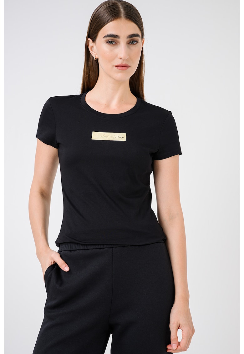 Tricou din bumbac cu decolteu la baza gatului si detaliu logo - Negru