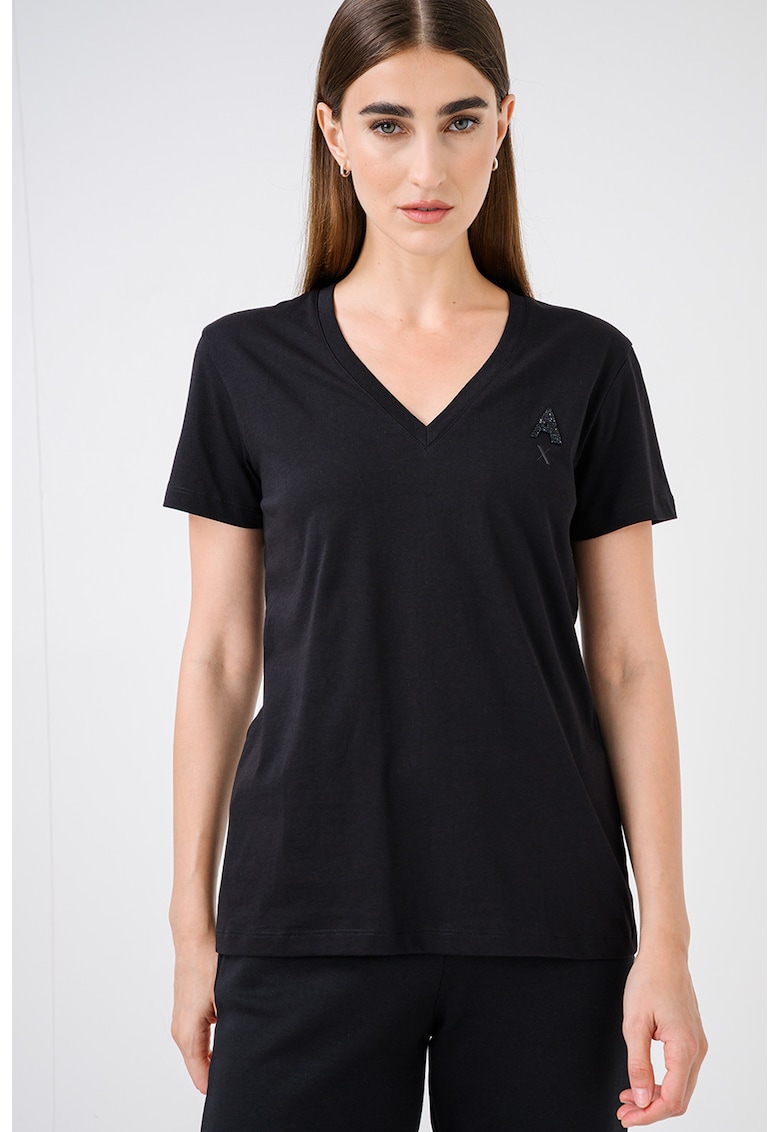 Tricou din bumbac cu decolteu in V - Negru