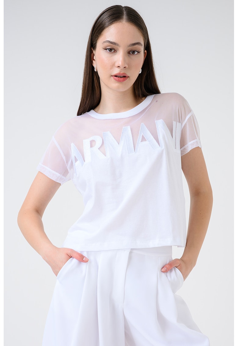 Tricou cu broderie logo si segment semitransparent - Alb