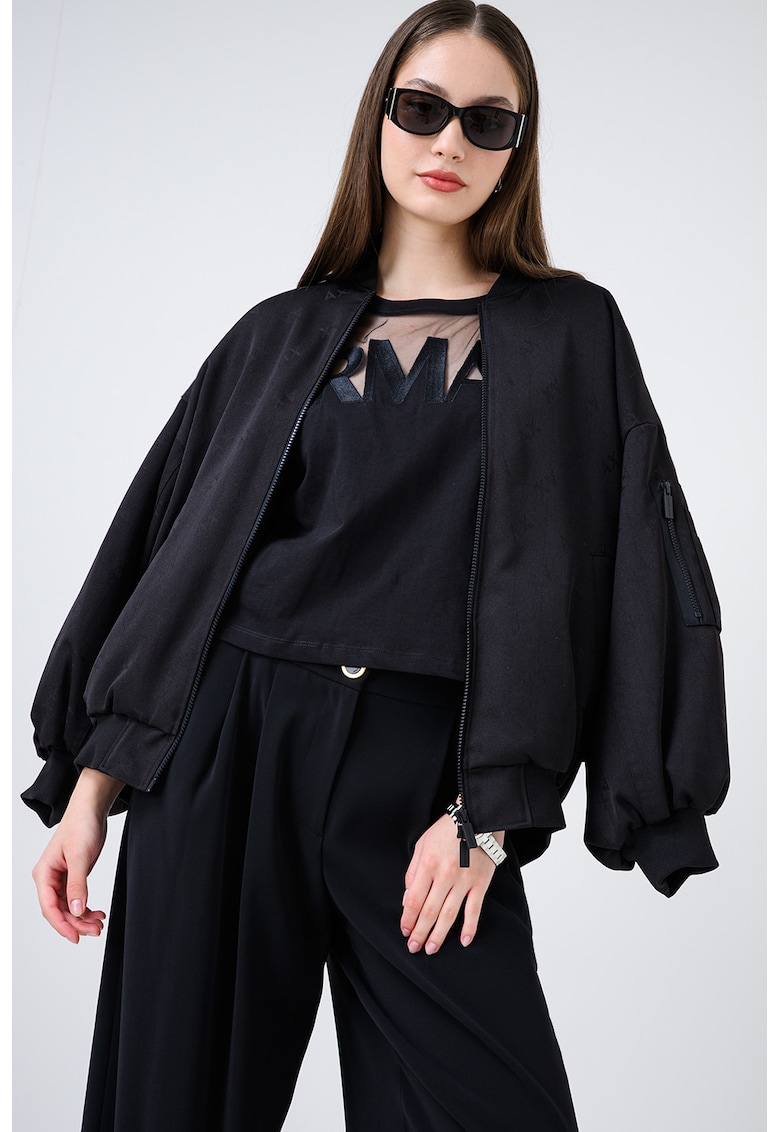 Tricou cu broderie logo si segment semitransparent - Negru