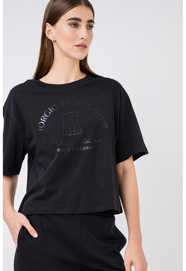 Tricou din bumbac cu imprimeu si maneci cazute - Negru