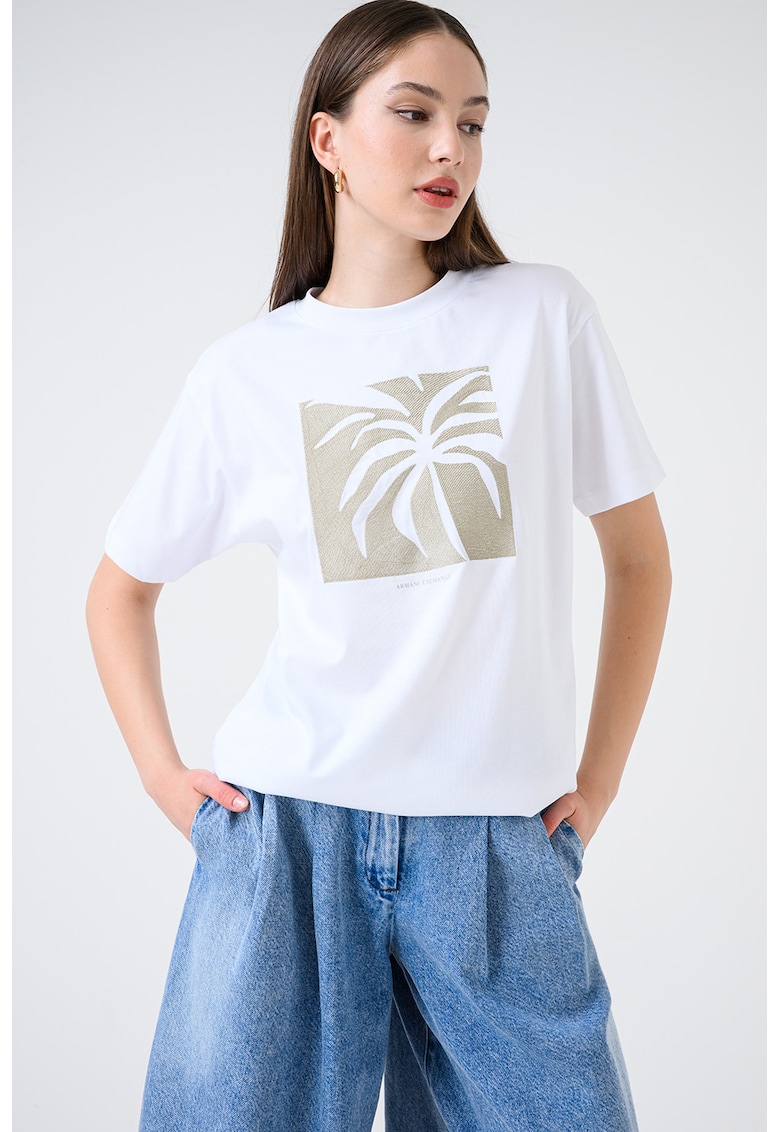 Tricou lejer din bumbac cu imprimeu tropical - Alb