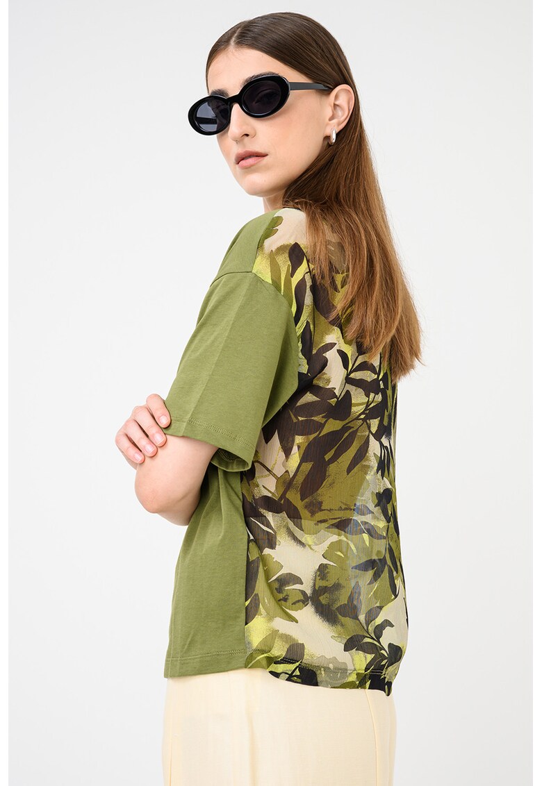 Tricou din bumbac cu spate semitransparent - Verde masliniu