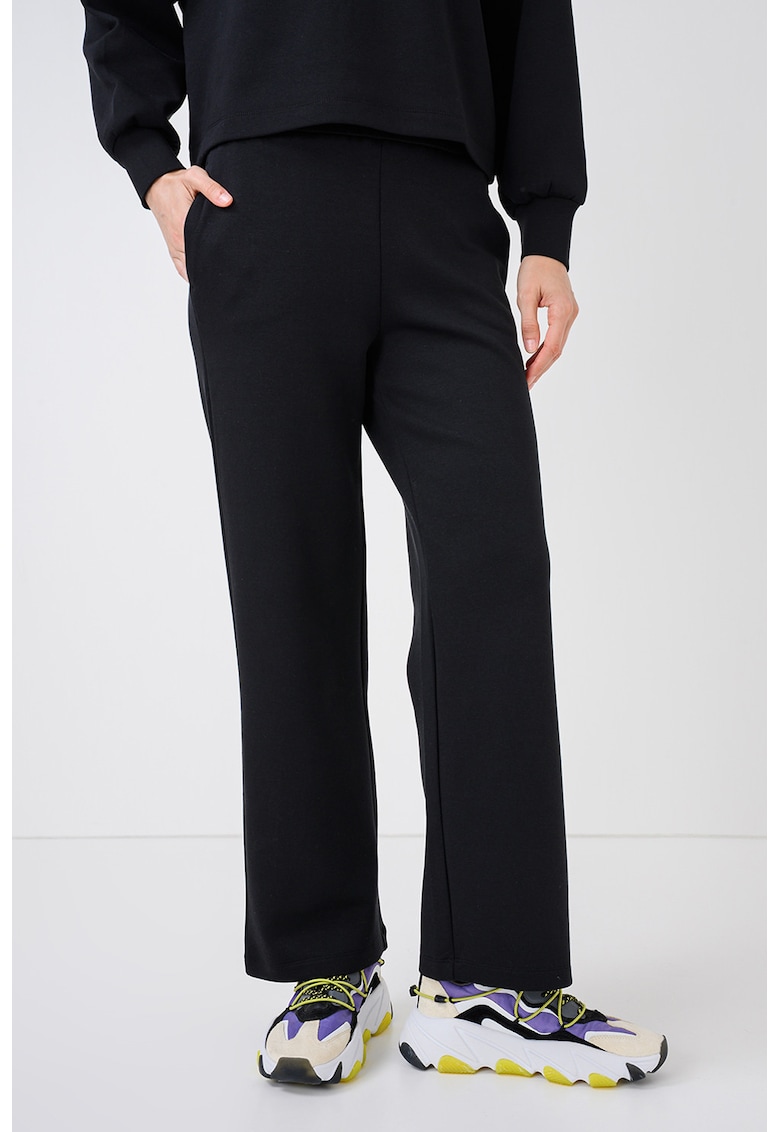 Pantaloni din amestec de bumbac cu croiala dreapta si talie elastica - Negru