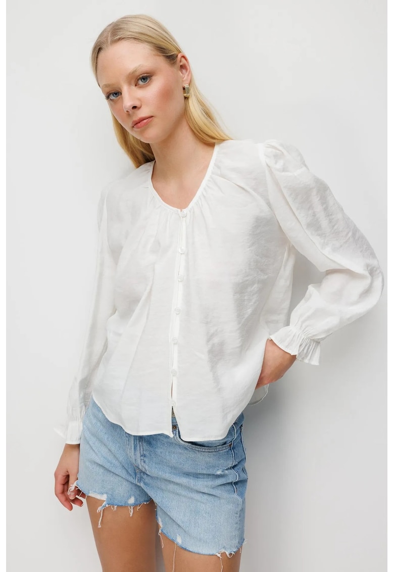 Bluza dama - texturata - guler rotund - nasturi - Natural Ivoire - textil