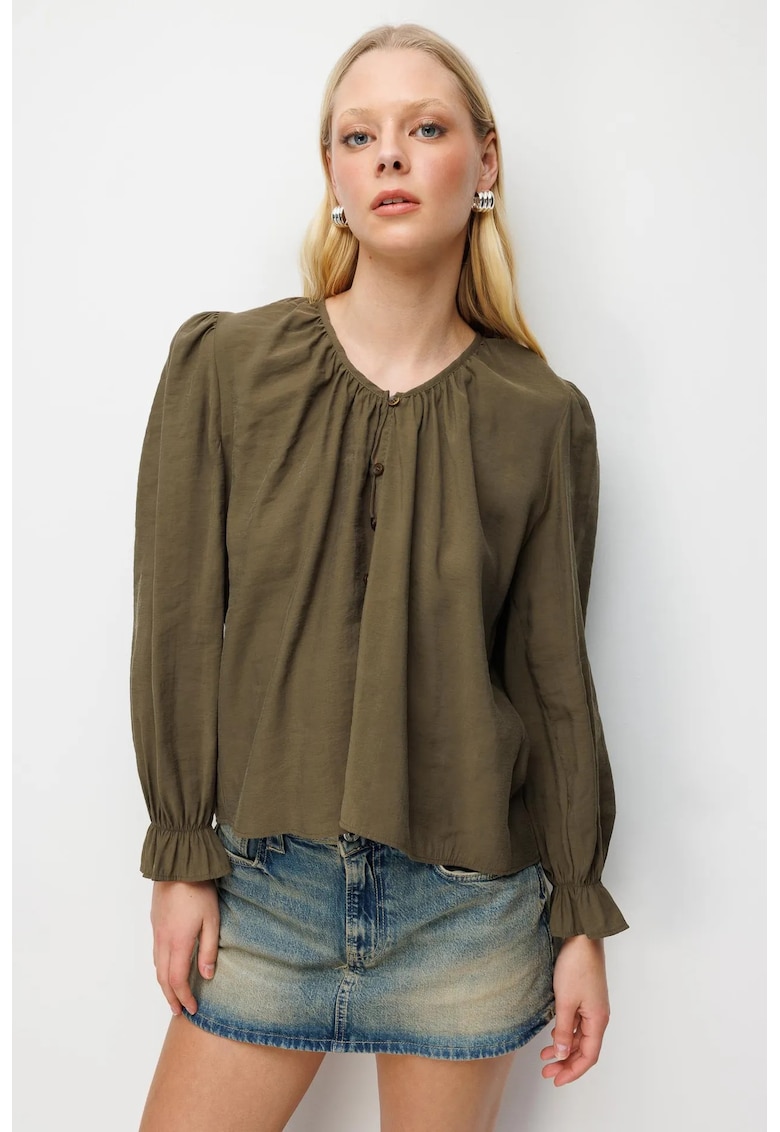 Bluza dama - bluza cu guler rotund - textura cu nasturi - verde kaki - textil