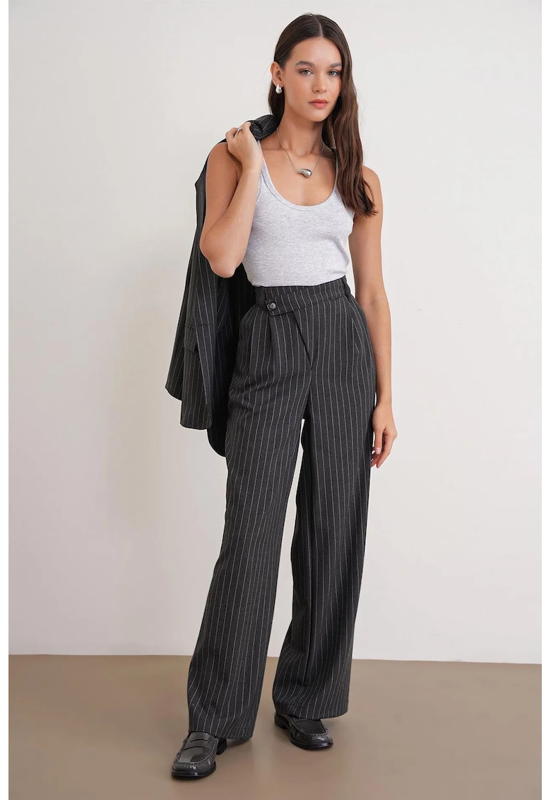 Pantaloni dama - talie inalta - picior drept - gri - poliester