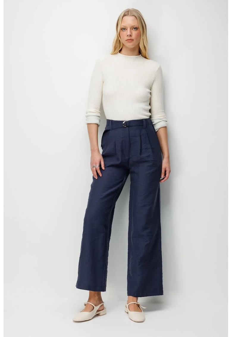 Pantaloni dama - talie inalta - croiala larga - bleumarin - poliester