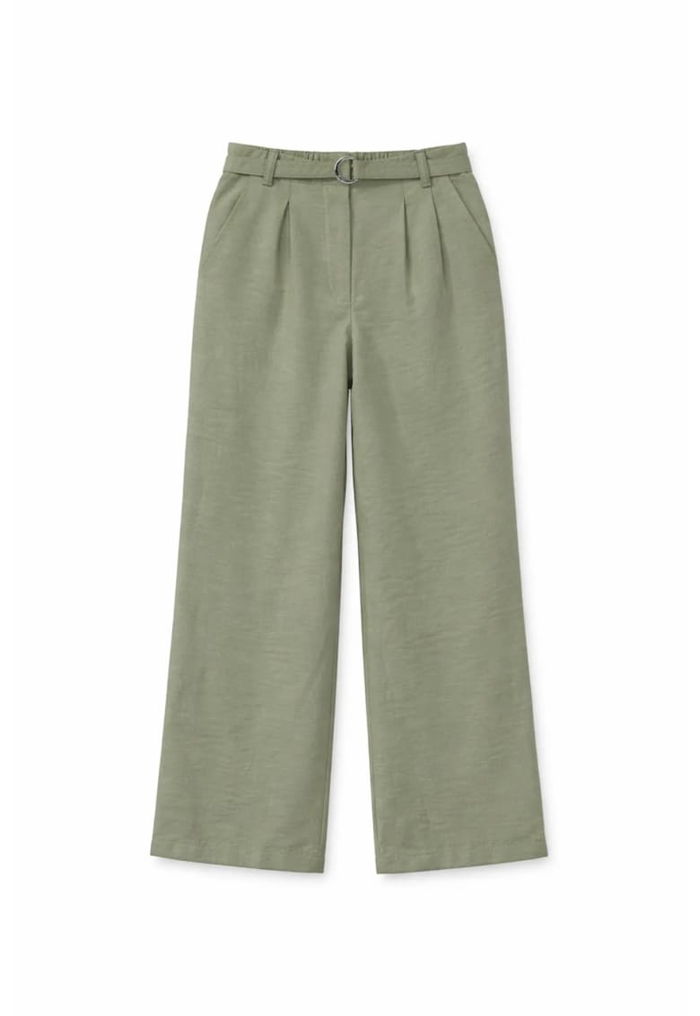 Pantaloni dama - talie inalta - picior larg - kaki - poliester