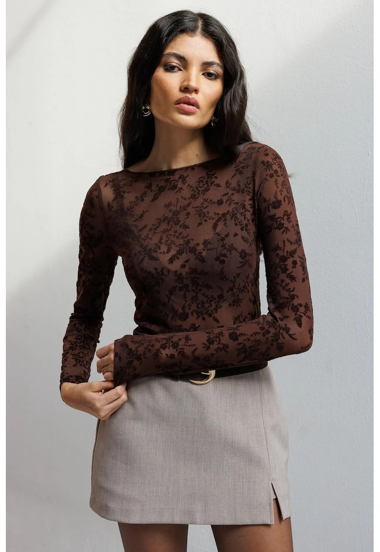 Bluza dama - Bluza Florala cu Guler Barca - Detaliu Elastic - Maro - Textil