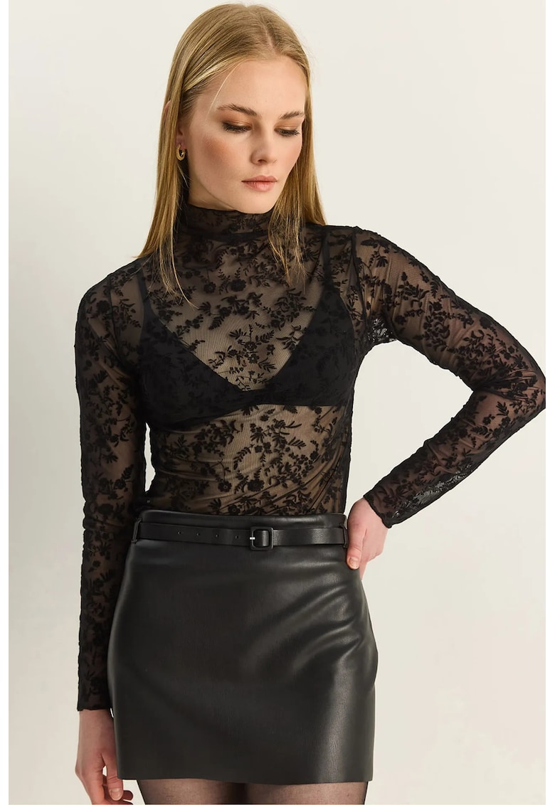 Bluza dama - Floral Slim Fit - negru - textil