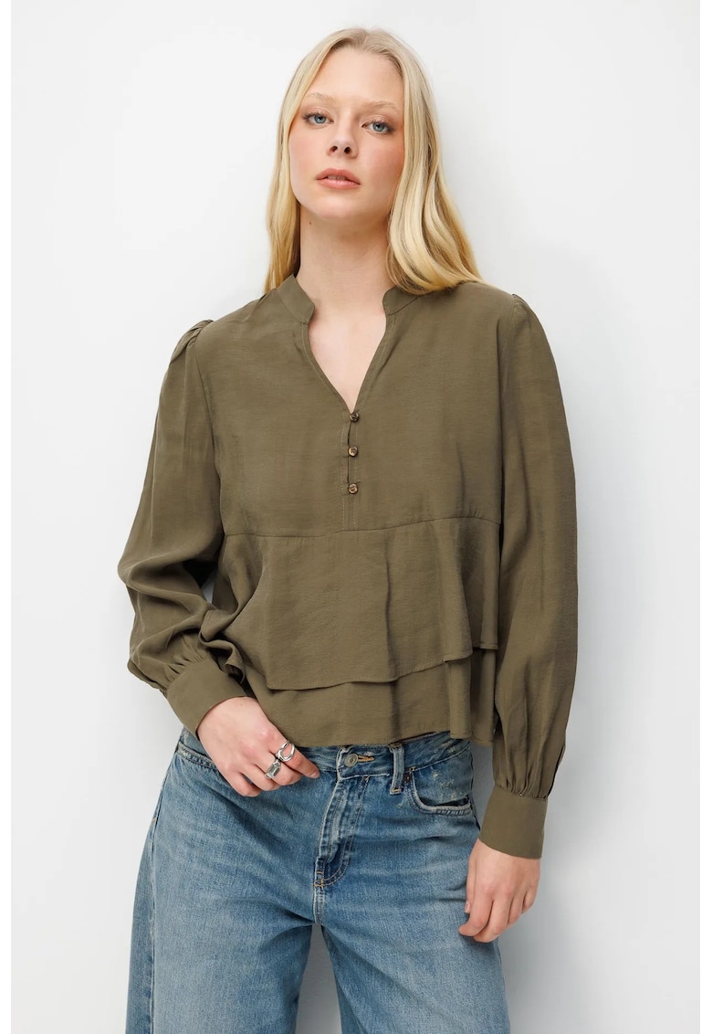 Bluza dama - decolteu in V - verde kaki - textil