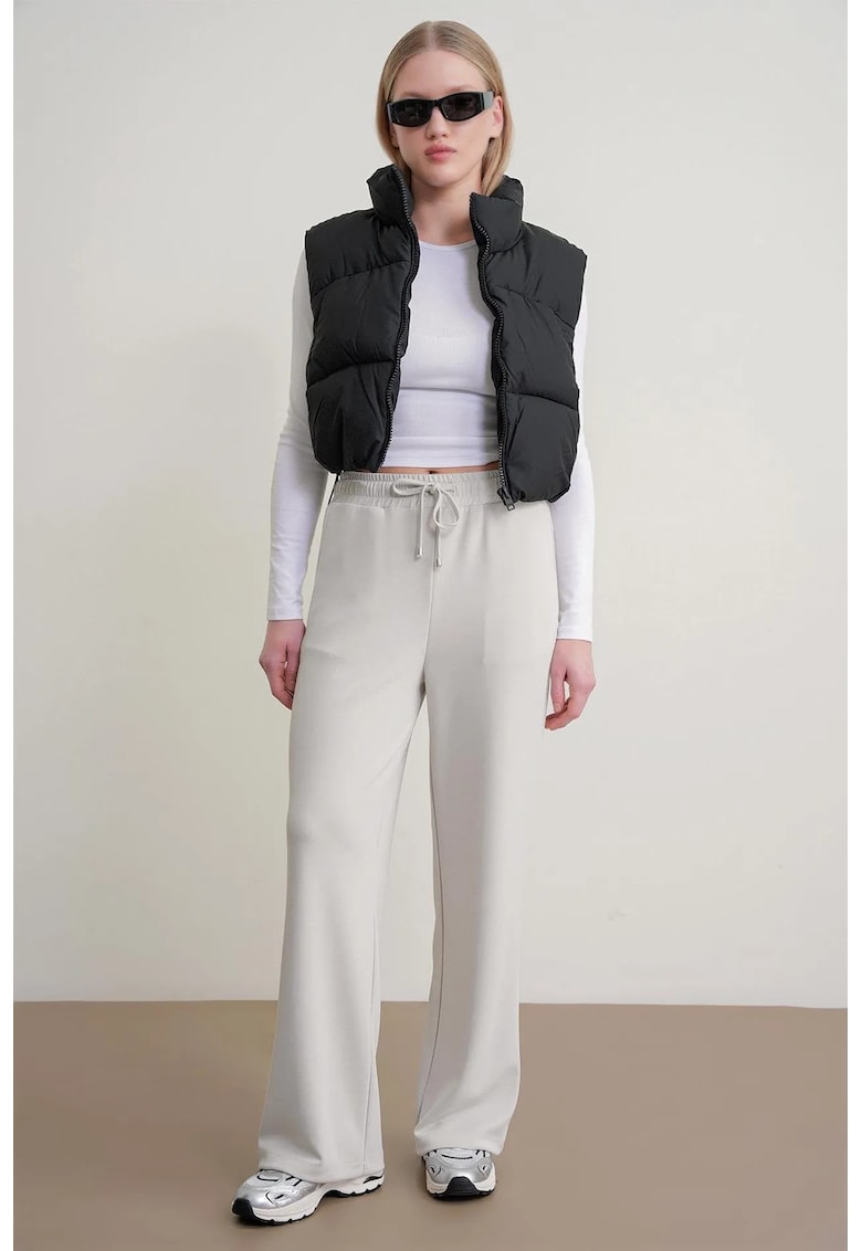 Pantaloni dama - talie inalta - gri - poliester - Gri