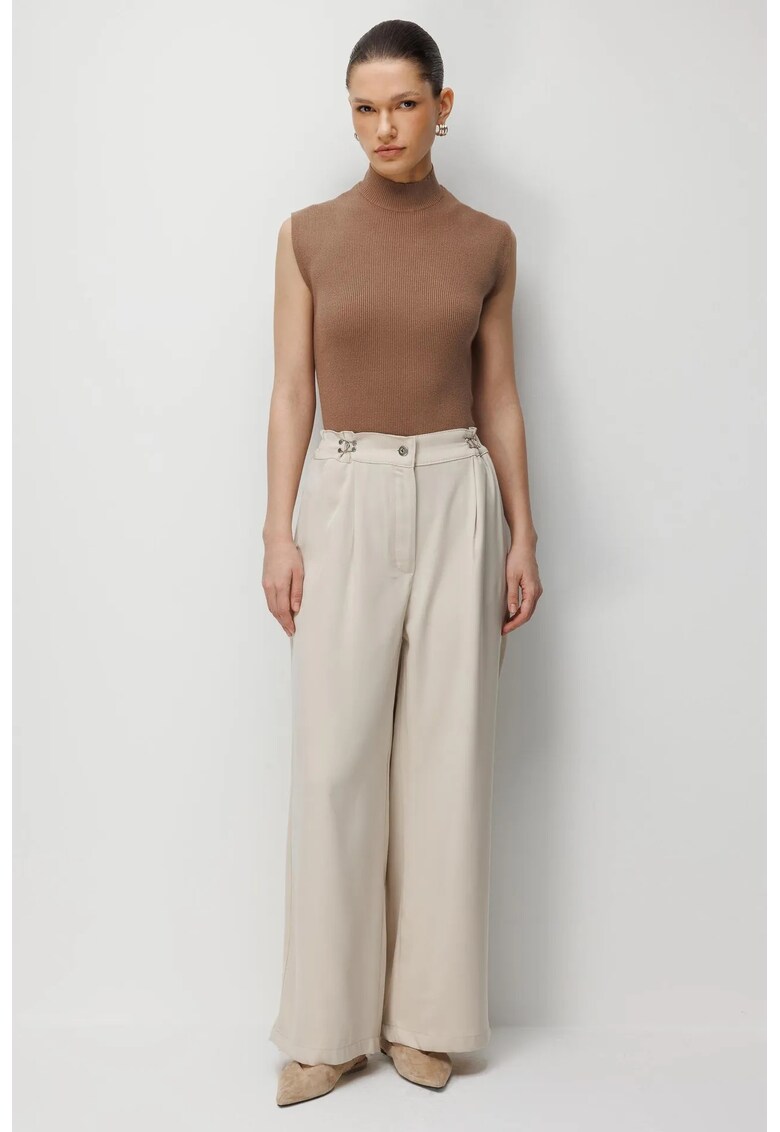 Pantaloni dama - talie inalta - picior larg - bej - poliester