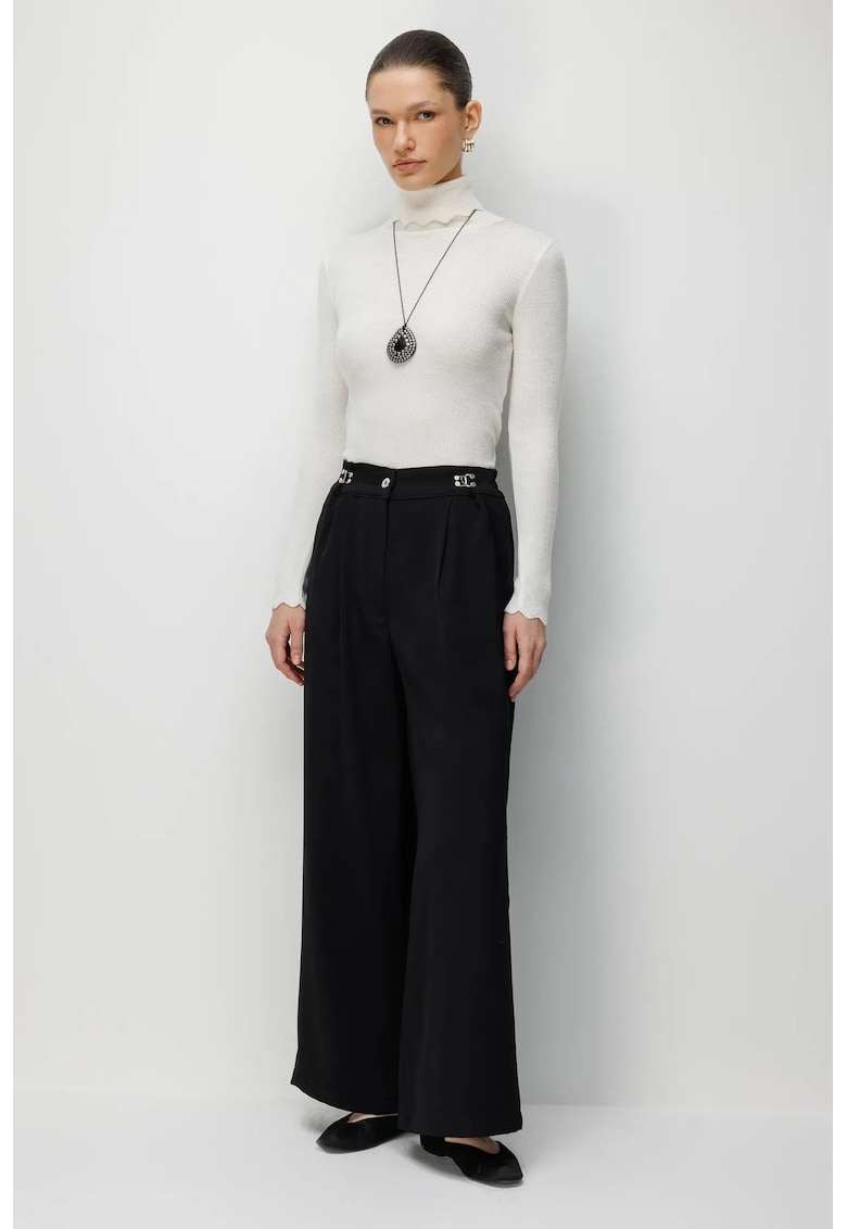 Pantaloni dama - talie inalta - croiala ampla - negru - poliester