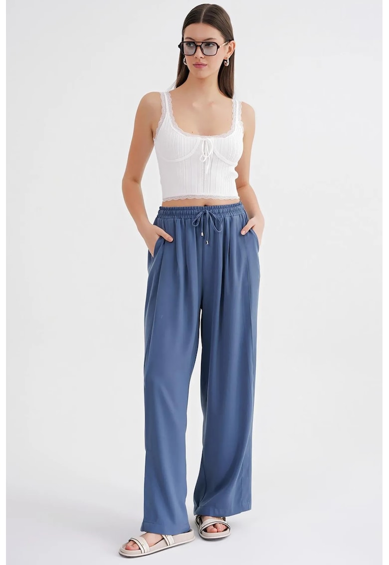 Pantaloni dama - evazati - albastru - poliester