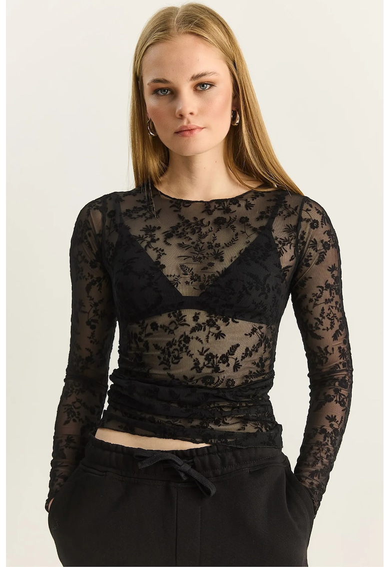 Bluza dama - cu decolteu rotund - draperie florala - negru - textil