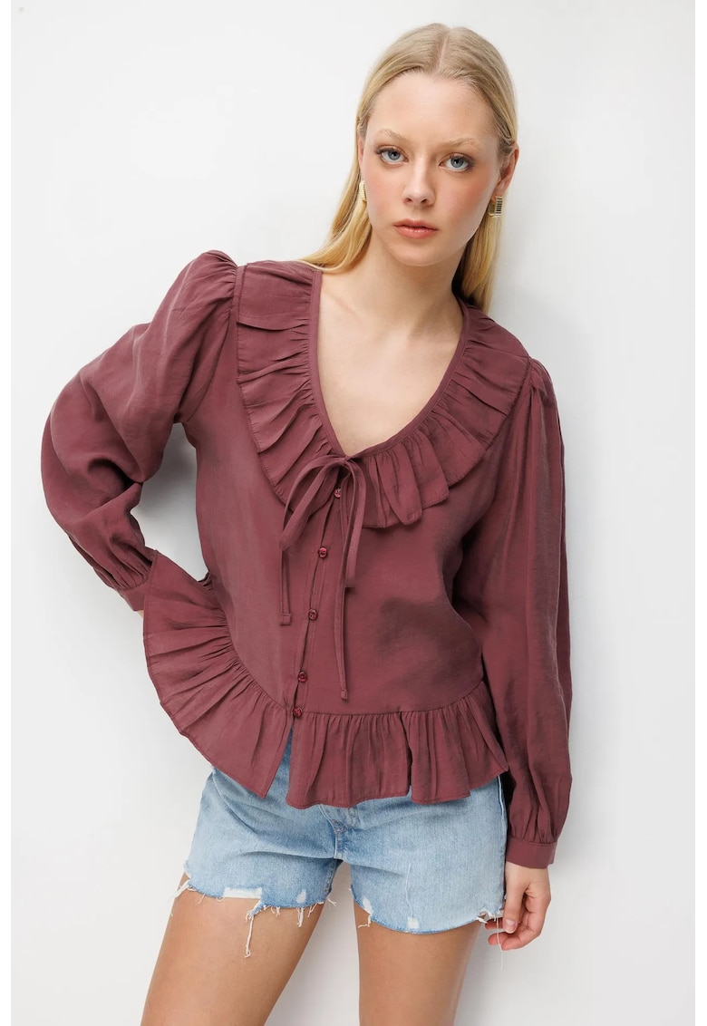 Bluza dama - bluza cu guler in V si volanase - mov - textil