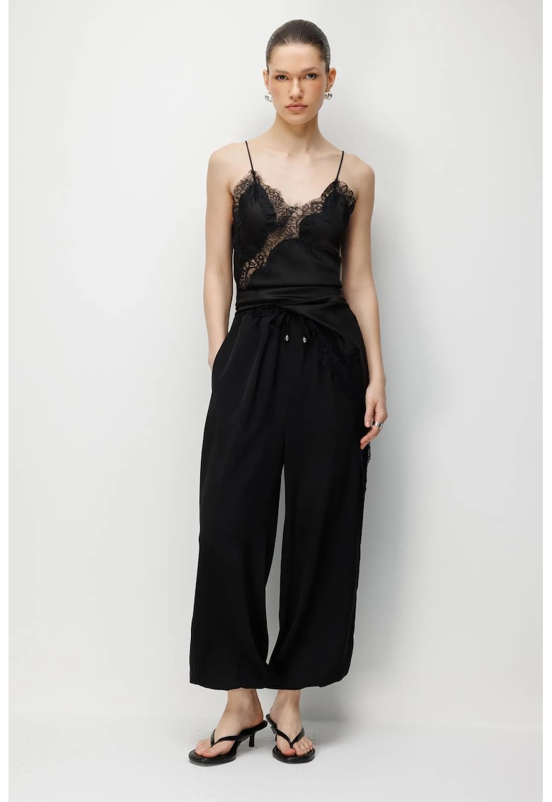 Pantaloni dama - talie cu snur - negru - poliester