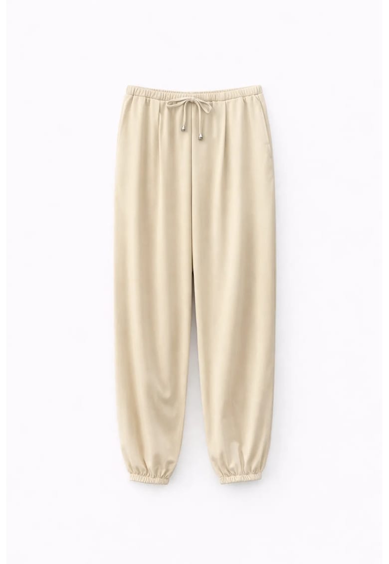 Pantaloni dama - texturati - snur talie - poliester - bej