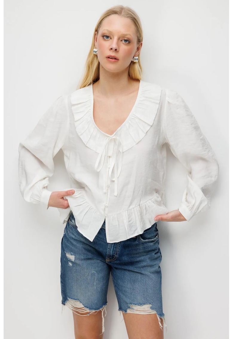 Bluza dama - cu volanase - decolteu in V - ivoire - textil