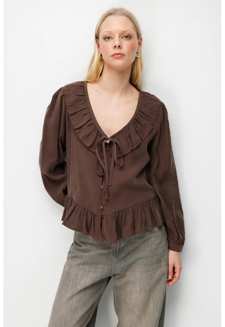 Bluza dama - bluza cu volane si decolteu in V - maro - textil