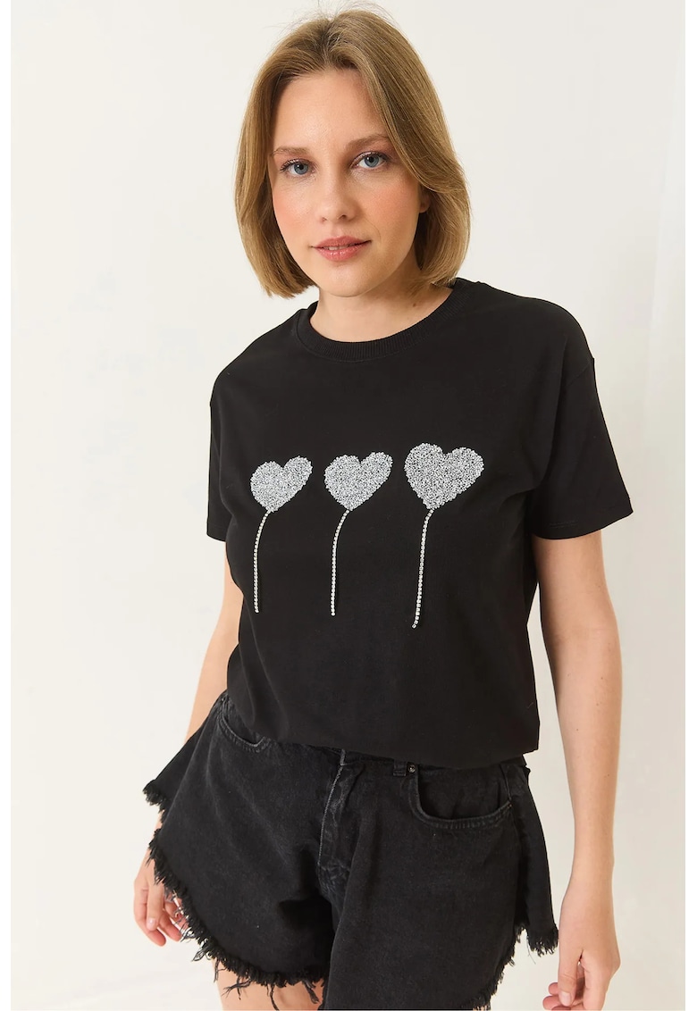 Tricou dama brodat - negru/alb - bumbac