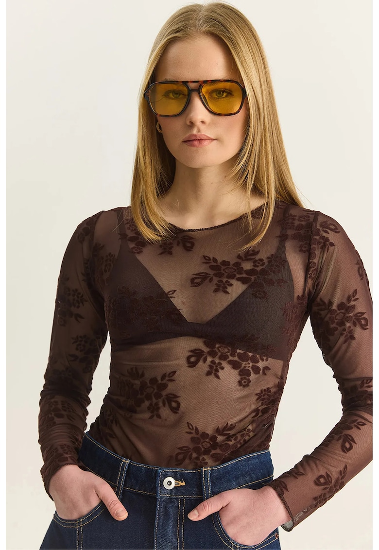 Bluza dama - cu maneca lunga - decupaje florale - maro - poliester-lycra