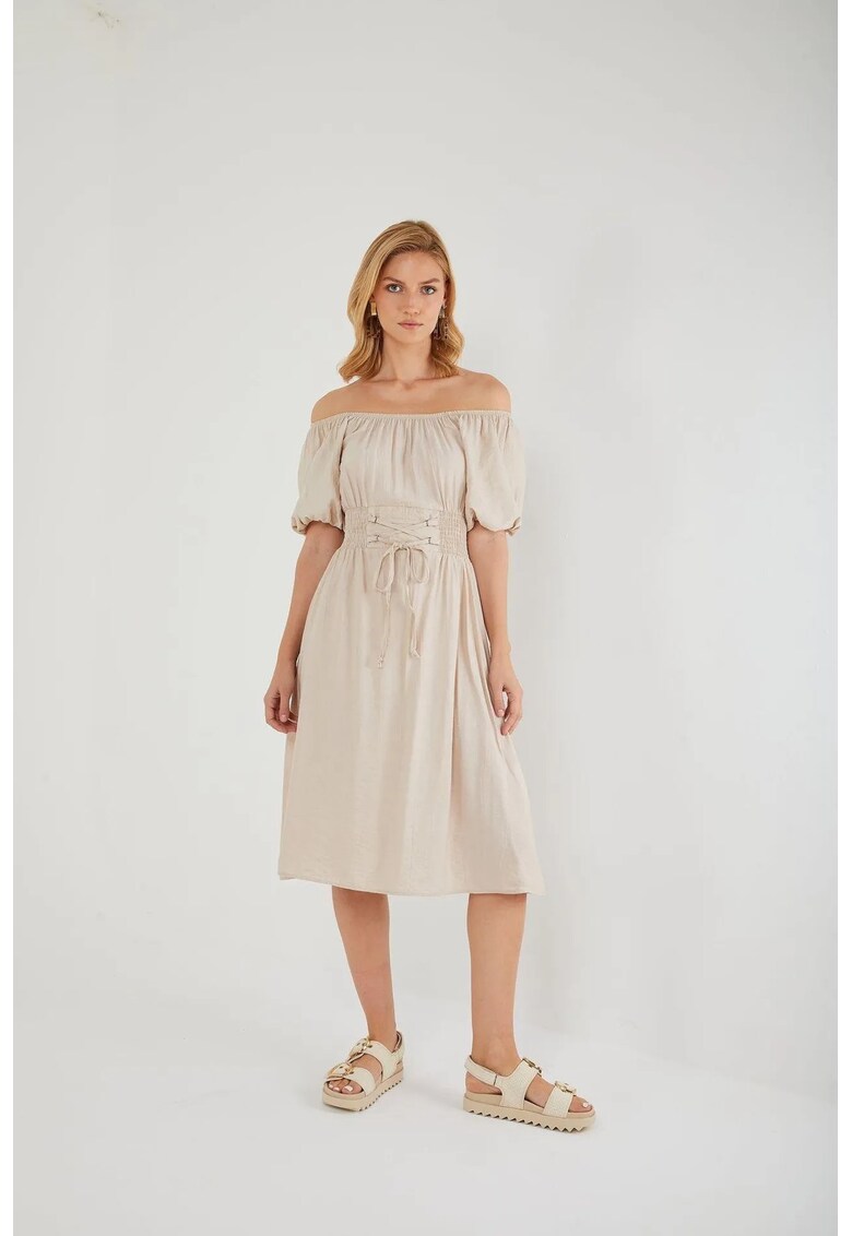 Rochie midi - cu umerii goi - bej - textil