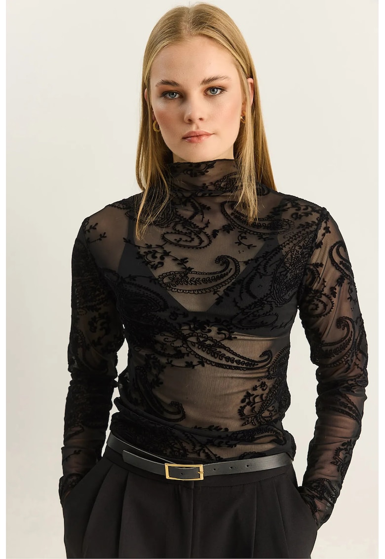 Bluza dama - cu imprimeu Paisley - decupaj - negru - textil -