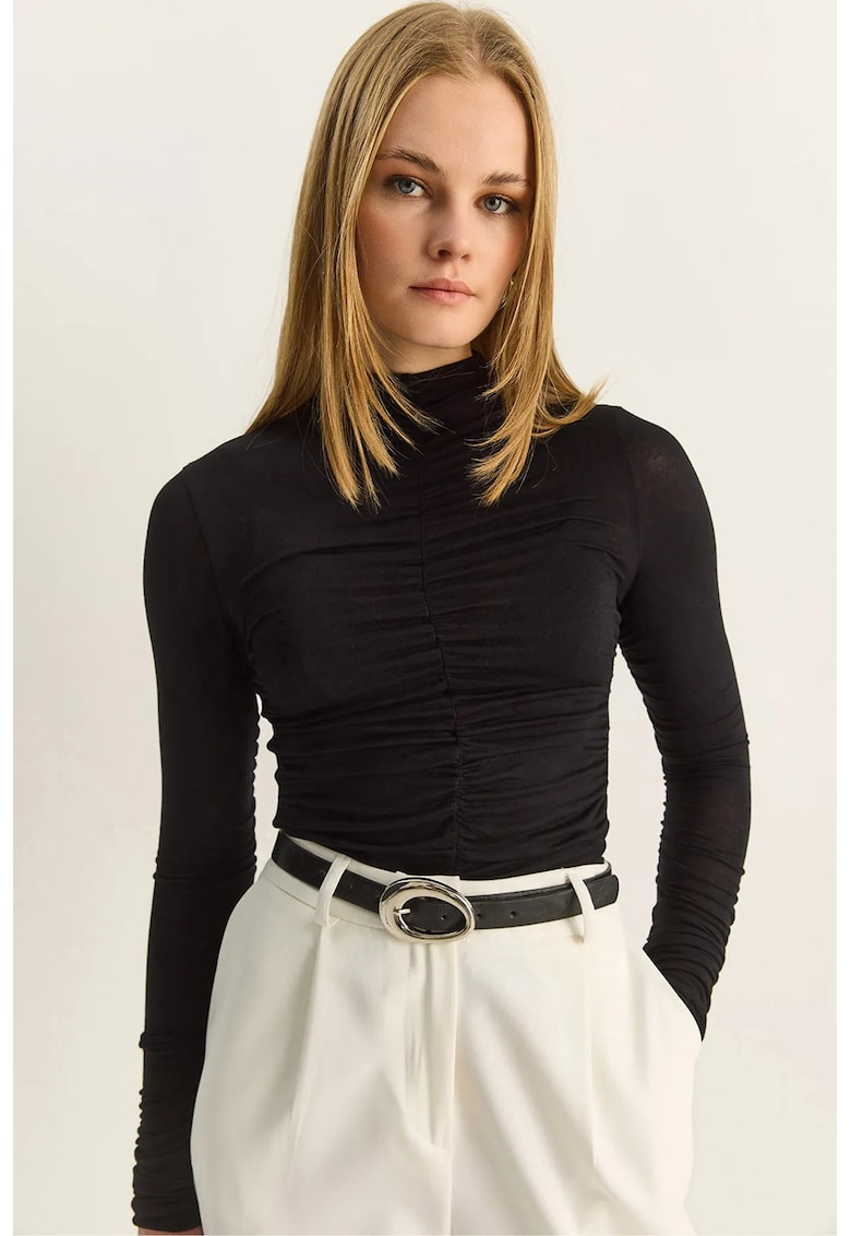 Bluza dama - Slim Fit - guler semi-rulat - negru - jerseu