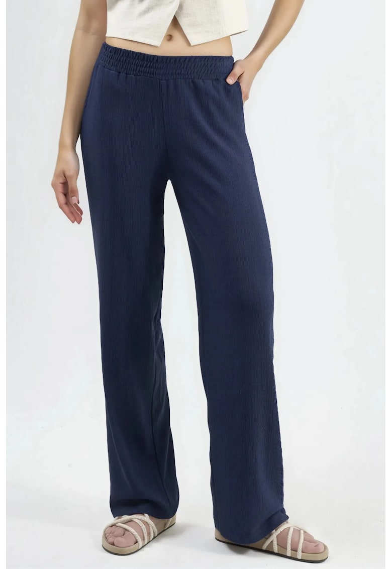 Pantaloni dama - drepti - talie medie - picior larg - bleumarin - poliester