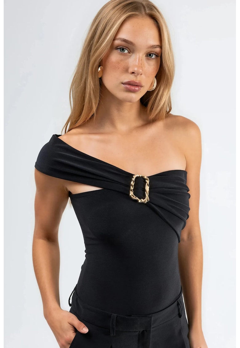 Bluza dama - tricotata cu catarama pe un umar - negru - poliester-elastan - fara maneci