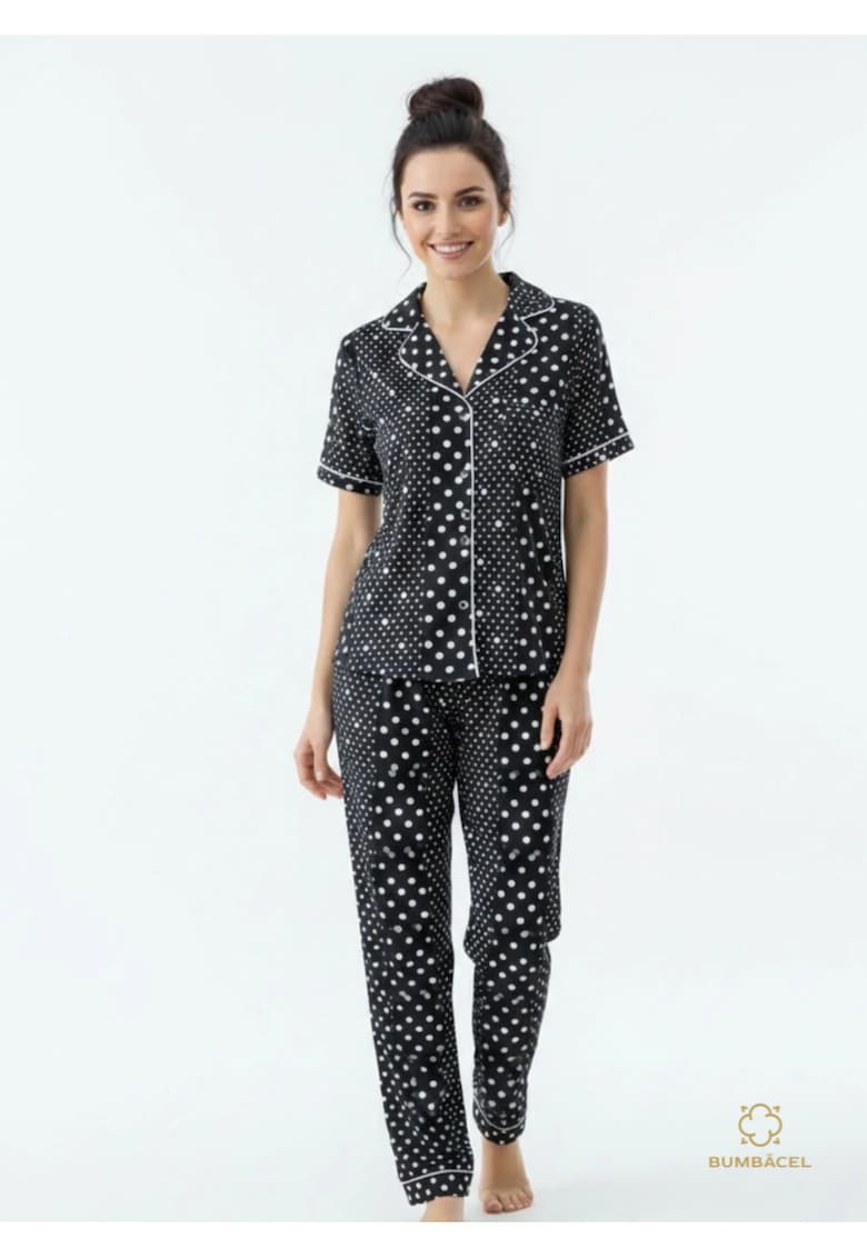 Pijama din bumbac cu maneca scurta - pantaloni lungi si imprimeu - pentru dame - Negru