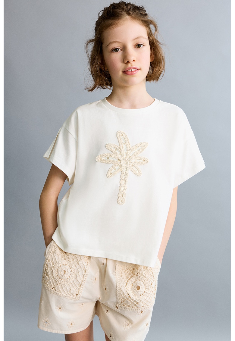 Tricou din bumbac cu broderie palmier - Alb/Bej deschis