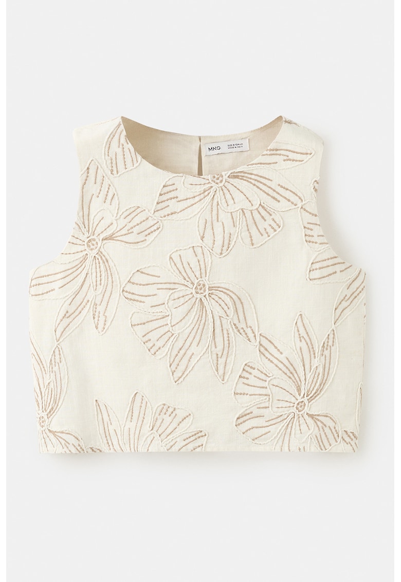 Top crop din bumbac cu broderie florala - Bej deschis