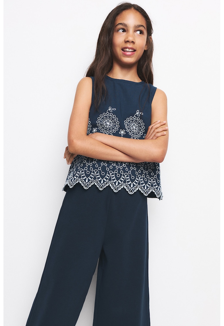 Top din bumbac cu broderie - Alb/Bleumarin