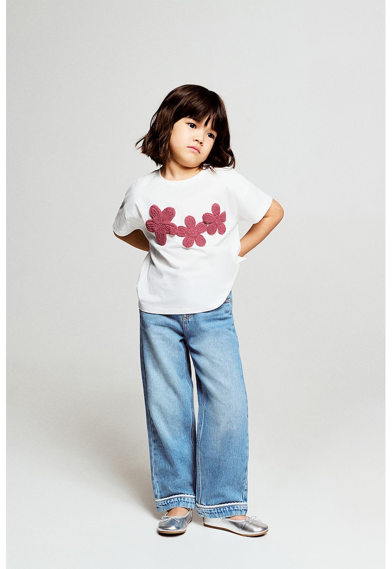 Tricou din bumbac cu flori brodate - Alb/Roz inchis