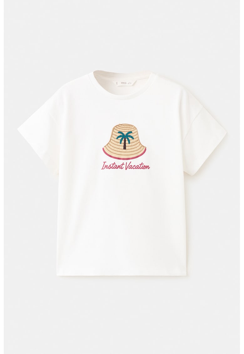 Tricou cu decolteu la baza gatului si broderie - Alb/Bej