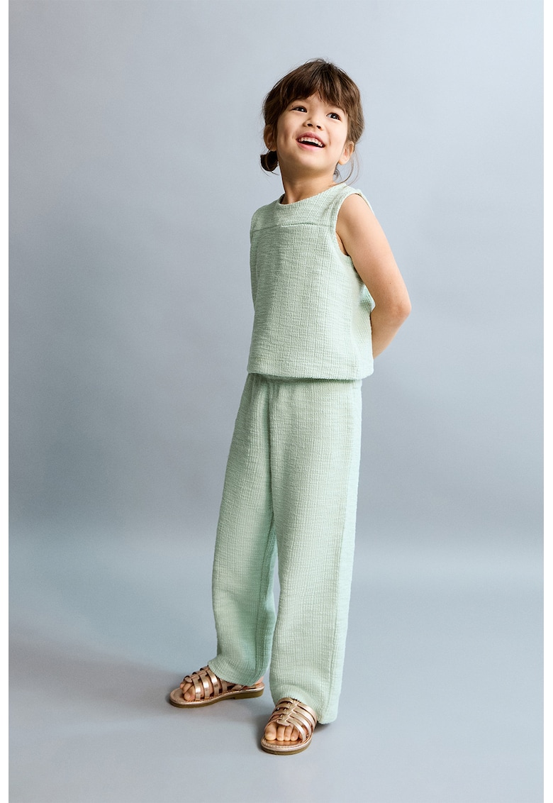 Pantaloni texturati cu talie elastica - Verde deschis