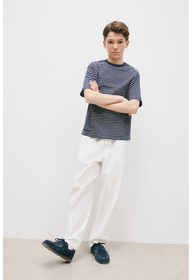 Tricou din bumbac cu dungi - Alb/Bleumarin