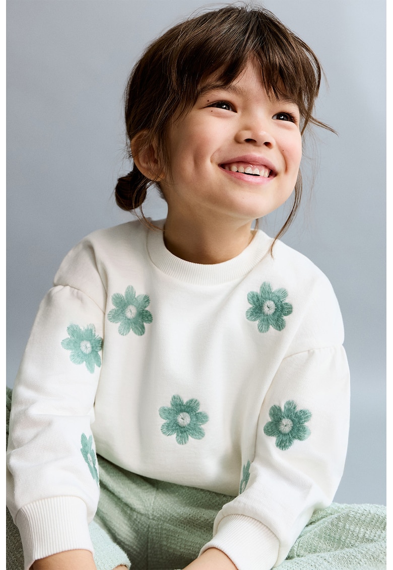 Bluza de trening din bumbac cu broderie florala - Alb/Verde