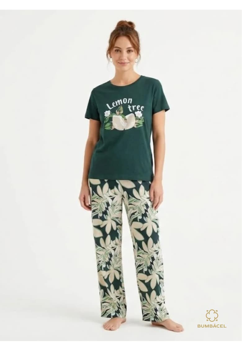 Pijama pentru dame cu tricou si pantaloni lungi - cu imprimeu - din bumbac - Verde