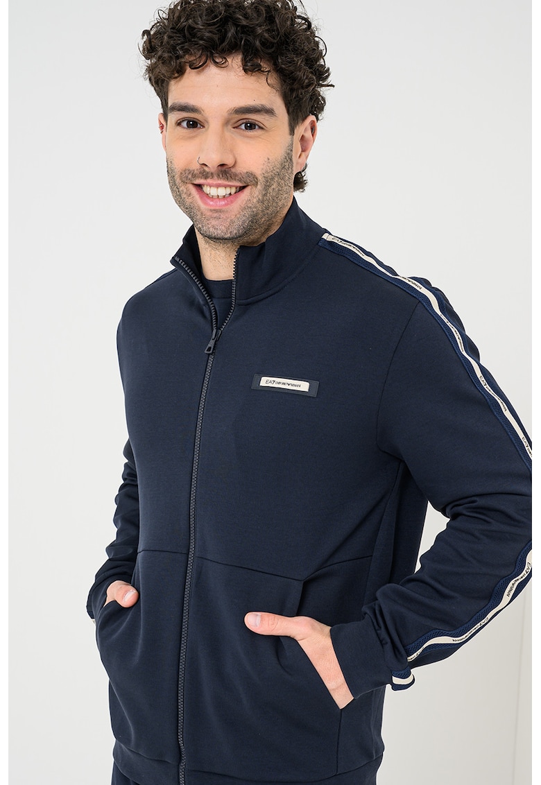 7 Bluza de trening cu fermoar si aplicatie logo brodata - Alb fildes/Negru/Albastru ultramarin